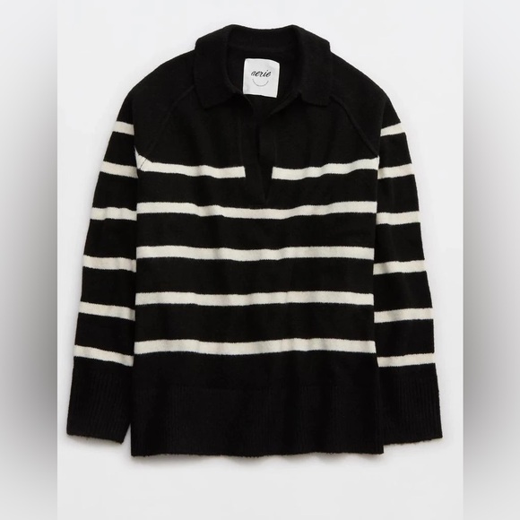 Aerie UnReal Polo Oversized Sweater. Size: Large. Black with Cream Stripes. - Picture 3 of 9